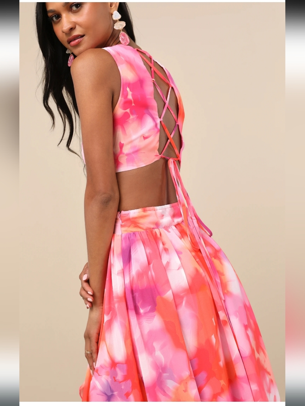 NWT Lulu's Elisanna Pink Multi Floral Lace-Up Midi Dress Size Small - Picture 7 of 16